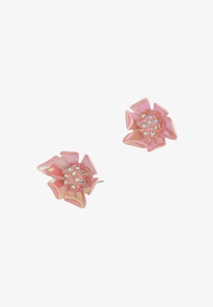 Pink floral earrings made of glossy material, featuring petal-like shapes and crystal accents at the center for embellishment.
