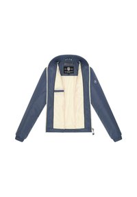 Veste légère bleu marine avec fermeture éclair à l'avant, col côtelé et doublure crème. Dispose d'une petite poche intérieure et d'un logo sur la manche.