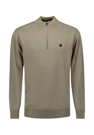 Beige half-zip pullover trui van een textuurstof, met ribgebreide manchetten en onderrand, en een klein zwart logo op de linkerborst.