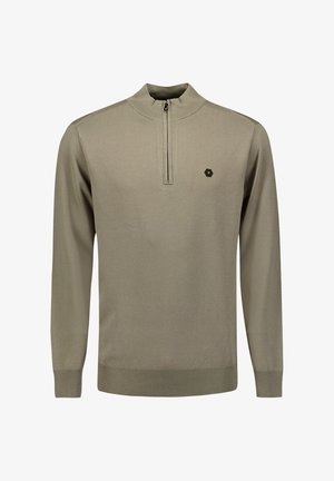 Beige half-zip pullover trui van een textuurstof, met ribgebreide manchetten en onderrand, en een klein zwart logo op de linkerborst.