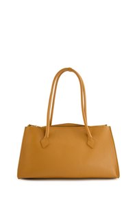 Lederhandtasche in einem leuchtenden Senfgelb, ausgestattet mit zwei langen Griffen, einer strukturierten Form und einer strukturierten Oberfläche mit einem dezenten Logo.