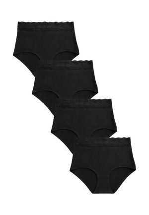 Fire sorte højttaljede dame-trusser med blondestrimle ved taljebåndet, arrangeret i en faldende stak på en hvid baggrund.