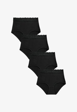 Keturi juodi moteriški aukšto liemens kelnaitės su nėrinių apdaila juosmens srityje, išdėstyti kaskados tvarka ant balto fono.