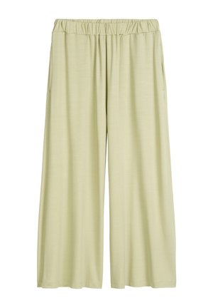 Light green, wide-leg pants with an elastic waistband, side pockets, and a smooth, soft texture. No patterns or visible hardware.