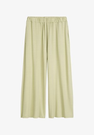 Jasnozielone, szerokie spodnie z elastycznym paskiem w talii, bocznymi kieszeniami i gładką, miękką fakturą. Bez wzorów i widocznych elementów metalowych.