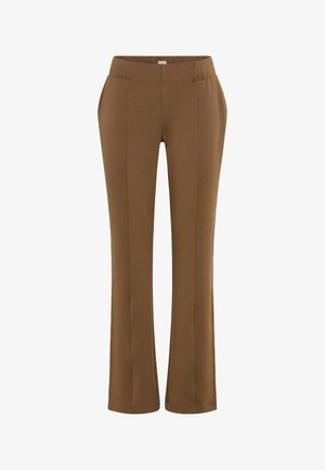 Pantaloni marroni a gamba dritta con dettaglio di cucitura frontale e vita elasticizzata, mostrati su uno sfondo bianco.