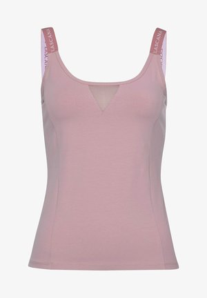 Light pink tank top featuring a scoop neckline, mesh detail at the center, and branded straps. Made of soft, stretchable material.