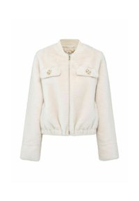 Biała bomberka z sztucznego futra z zamkiem z przodu, żeberkowym kołnierzem i mankietami, dwiema kieszeniami na klatce piersiowej oraz złotymi detalami.