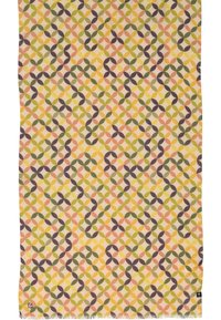Coperta rettangolare in cotone con un motivo geometrico caratterizzato da forme interconnesse in colori pastello, tra cui verde, rosa, giallo e viola.