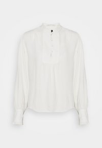 Weißes langärmliges Bluse mit hohem Rüschensaum, Knopfleiste vorne und gerafften Manschetten. Weicher Stoff mit leichtem Glanz.