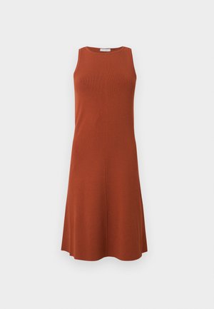Sleeveless rust-colored midi dress with round neckline and slight A-line flare, displayed against a plain light background.