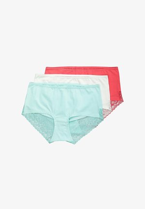Pack de trois paires de culottes pour femmes en vert menthe, blanc et corail. Coton avec des accents en dentelle à l'arrière, dotées d'un bandeau élastique doux.