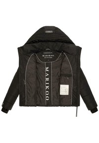 Black padded jacket with a hood, zip closure, and white accents. Features a label and inner pocket. Smooth fabric with quilted texture.