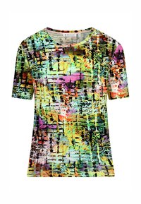 Multicolored short-sleeve t-shirt featuring an abstract pattern with green, pink, and black hues on a lightweight fabric. Round neckline.