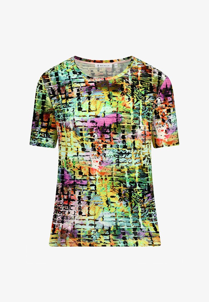 Multicolored short-sleeve t-shirt featuring an abstract pattern with green, pink, and black hues on a lightweight fabric. Round neckline.