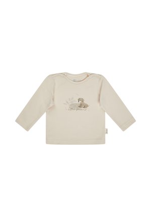 Helle beige Langarmbluse aus weichem Stoff, mit einem Welpen-Motiv und dem Text "kleiner Freund" in sanften Farben, mit Druckknopfverschluss an den Schultern.