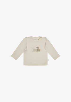 Light beige long-sleeved shirt in soft fabric, featuring a puppy graphic and text "little friend" in muted colors, with shoulder snap closures.