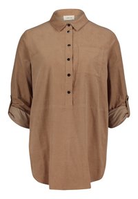 Brun knappad skjorta i mjukt material, med krage, en bröstficka och uppvikta ärmar med knapppdetaljer.