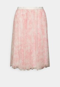Jupe en tulle plissée rose avec un motif floral doux, dotée d'une ceinture lisse de couleur claire. Légère et semi-transparente.