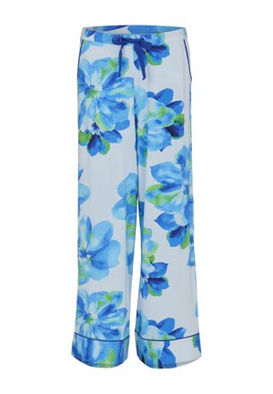 Jasnoniebieskie spodnie o szerokich nogawkach z dużym niebiesko-zielonym kwiatowym wzorem i niebieskim sznurkiem w pasie.