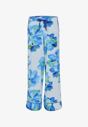 Light blue wide-leg pants with large blue and green floral print and a blue drawstring at the waist.