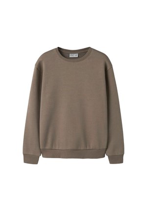 Sweat-shirt marron taupe à manches longues avec col rond, poignets et ourlet côtelés, présenté sur un fond blanc uni.