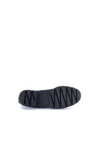 Black rubber shoe sole with a textured, ridged pattern; features an embossed brand logo and a slightly raised heel for traction.