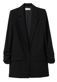 Blazer noir avec revers structurés, fermeture à un bouton et deux poches avant. Confectionné en tissu lisse avec manches retroussées.