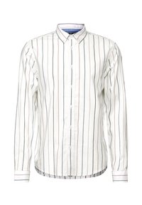 Valkoinen napillinen paita, jossa on pystysuorat raidat punaisessa, sinisessä ja harmaassa. Sisältää klassisen kauluksen ja pyöristetyn helman, jossa on kontrastivärinen sisävarren yksityiskohta.