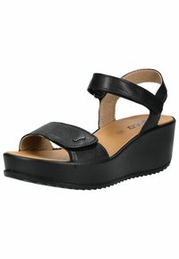 Sandali con tacco nero a wedge con due cinturini regolabili, punta aperta, parte superiore in pelle texturizzata, soletta imbottita e suola in gomma con pattern.