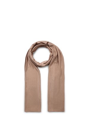 Hellbrauner langer Schal, oben zu einer Schlaufe gefaltet, auf weißem Hintergrund.