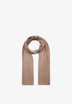 Light brown long scarf folded with a loop at the top on a white background.