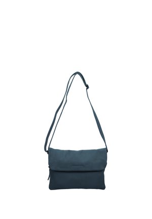 Dark blue leather crossbody bag with adjustable shoulder strap and front flap zipper closure on white background.
