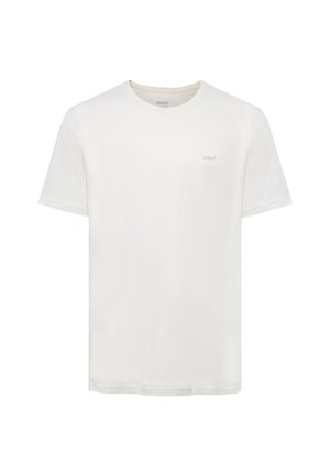 Plain white short-sleeve crew neck t-shirt with small beige "mavi" logo embroidered on the left chest.