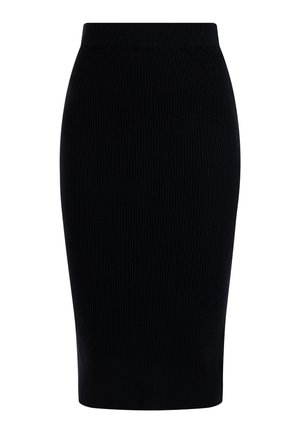 Schwarzer, gerippter Bleistiftrock mit einer taillierten Form, elastischem Bund und mittellanger Ausführung. Glatte Textur mit vertikalen Streifen.