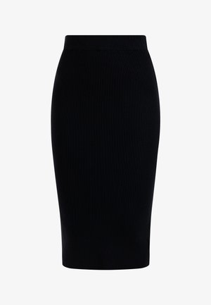 Fekete bordázott ceruzaszoknya, testhezálló formával, rugalmas derékpánttal és félhosszú kialakítással. Sima textúrájú, függőleges csíkokkal.