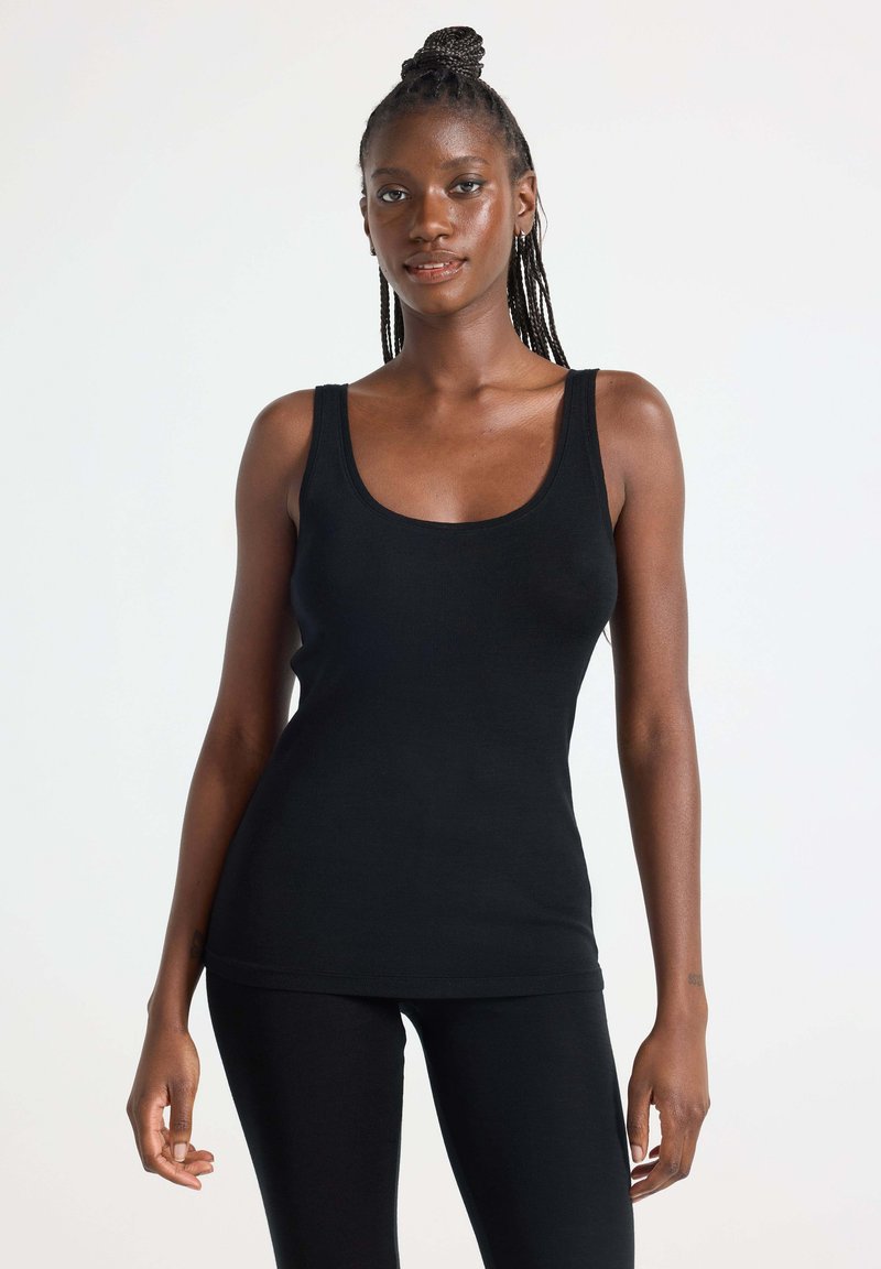 Zwarte geribde tanktop met een ronde halslijn, gemaakt van een rekbare stof. De aansluitende pasvorm accentueert de lichaamsvorm.