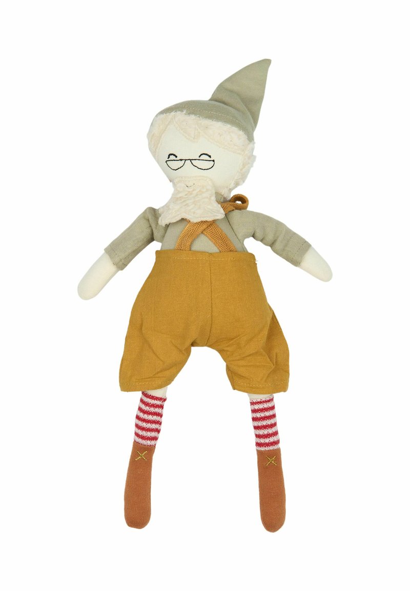 Muñeca de tela con rostro claro, gorra gris, camisa beige, pantalones cortos amarillos, calcetines a rayas rojas y zapatos marrones, con barba blanca y gafas.