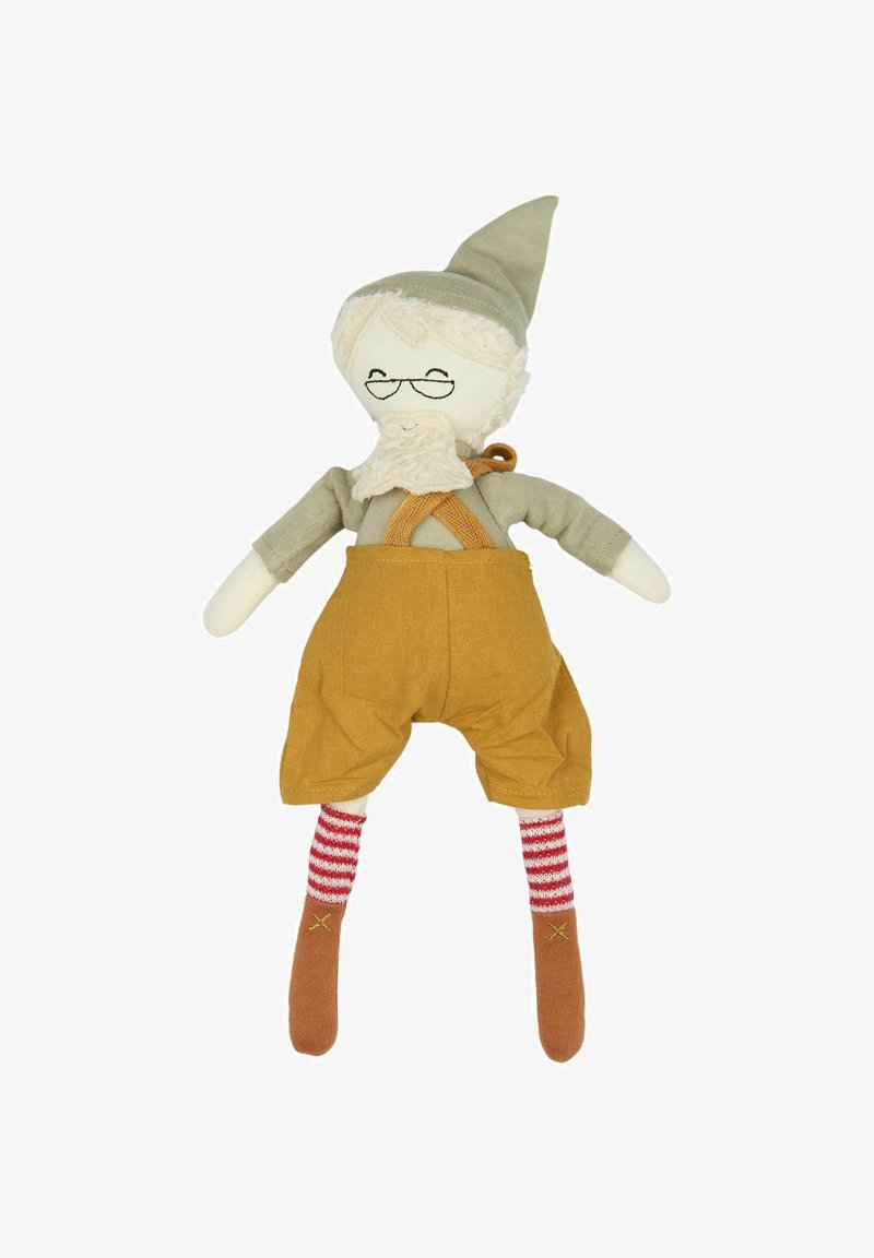 Muñeca de tela con rostro claro, gorra gris, camisa beige, pantalones cortos amarillos, calcetines a rayas rojas y zapatos marrones, con barba blanca y gafas.