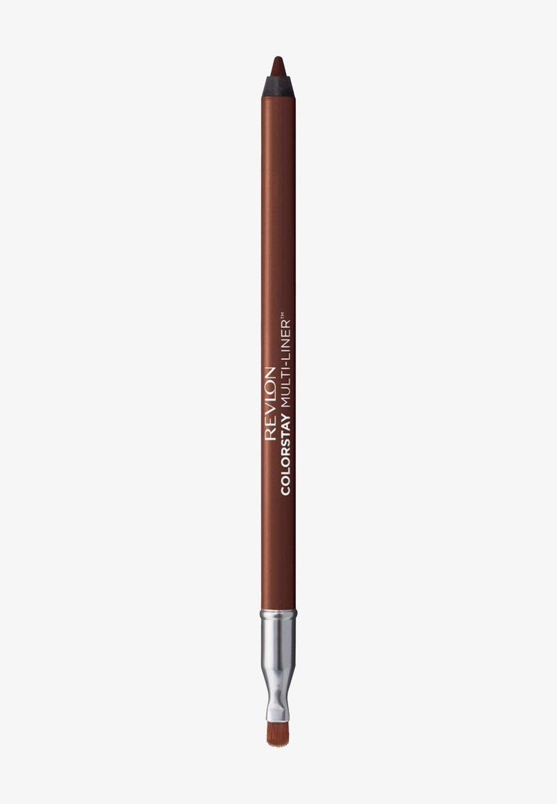 Crayon Revlon ColorStay Multi-Liner en brun foncé, design crayon avec une pointe en métal argenté et un applicateur pinceau, texture lisse et finition mate.