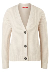 Krémový svetr s texturovaným pletením, s hlubokým V-výstřihem, pěti černými knoflíky a žebrovanými manžetami a lemem.