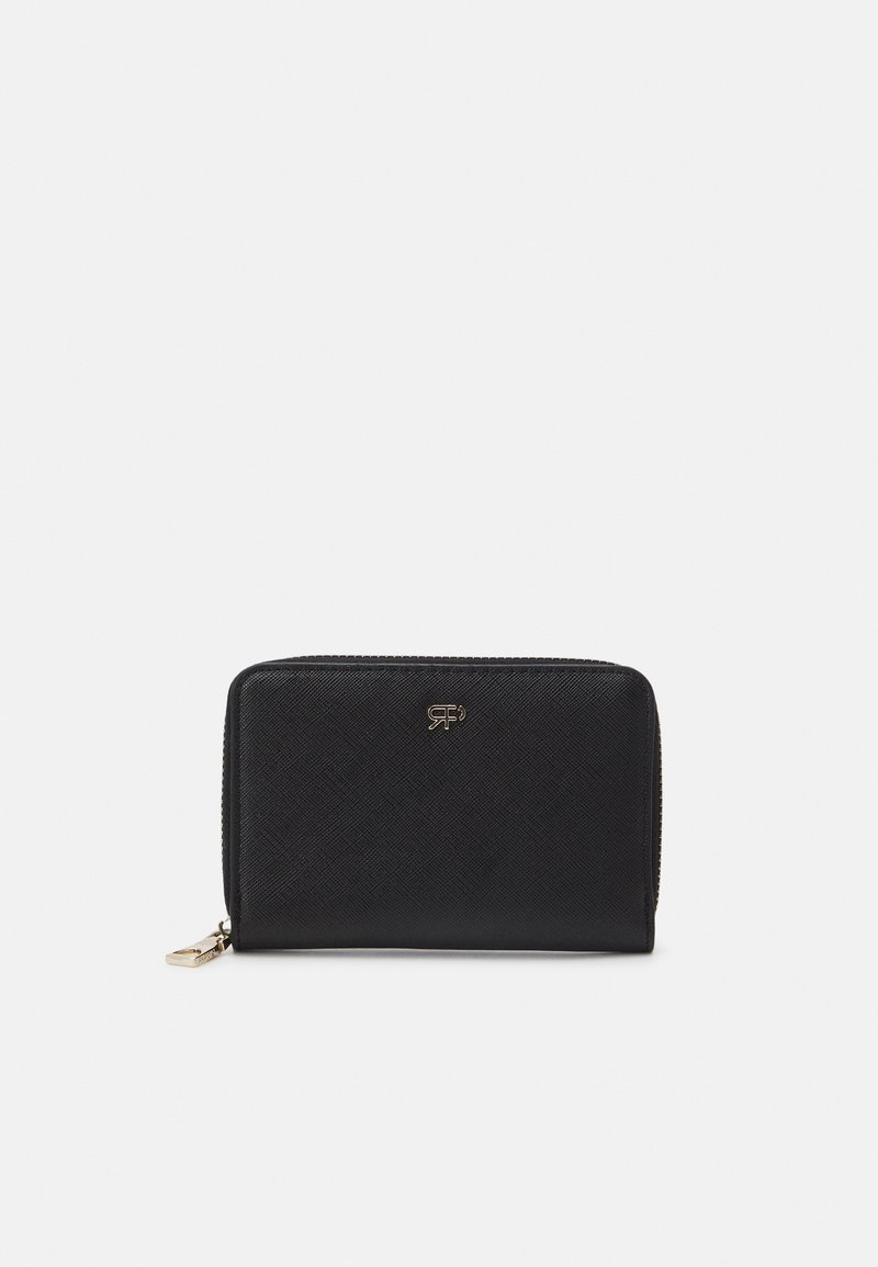 Black zippered wallet made of textured material, featuring a gold logo accent and a sleek rectangular shape. No visible patterns.