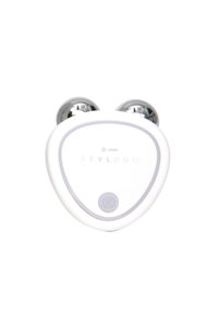Kabellose Ohrhörer mit einem runden weißen Ladecase. Silberne Akzente und ein einzelner Knopf auf der Vorderseite. Minimalistisches Design, eleganter Abschluss.