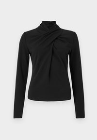 Melna garām piedurknēm topa ar augstu savītu apkakli un savāktām detaļām priekšā centrā.