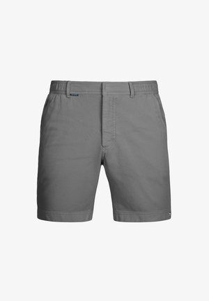 Shorts gris en tissu tissé avec une taille élastique, une finition plate à l’avant, des poches latérales et un petit logo sur la ceinture.