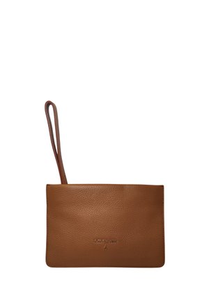 Pochette da polso in pelle marrone con un unico cinturino ad anello e un logo del marchio in rilievo discreto al centro della parte anteriore.