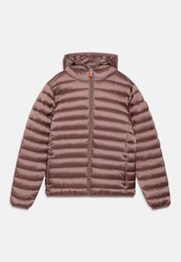 Giacca imbottita con cappuccio in mauve con zip frontale. Presenta una trapuntatura orizzontale, polsini elasticizzati e un piccolo dettaglio arancione sulla manica.
