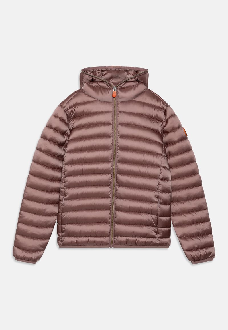 Giacca imbottita con cappuccio in mauve con zip frontale. Presenta una trapuntatura orizzontale, polsini elasticizzati e un piccolo dettaglio arancione sulla manica.
