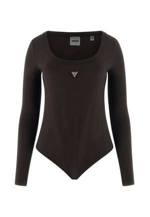 Body nero aderente a maniche lunghe con scollo a U e emblema triangolare del logo Guess al centro del petto.