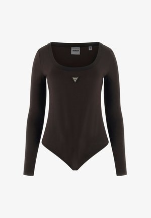 Schwarzer, figurbetonter Bodysuit mit langen Ärmeln, Rundhalsausschnitt und dreieckigem Guess-Logoemblem in der Mitte der Brust.